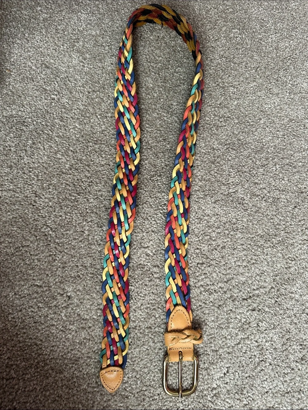 Vintage Capezio Multicolor Braided Leather Belt with Gold Buckle 35”